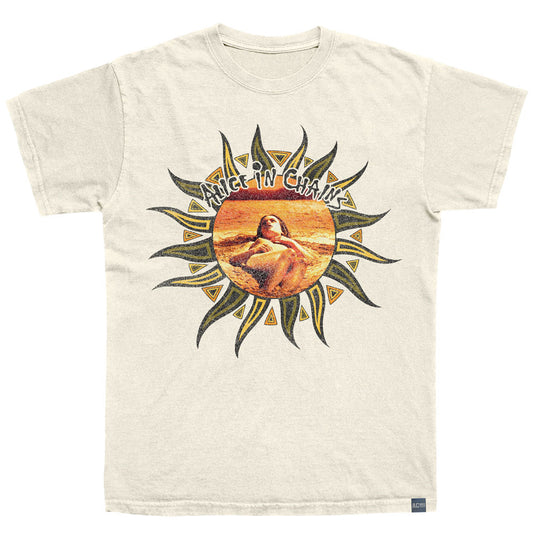 T-shirt with a graphic design featuring a sun and text on a beige background