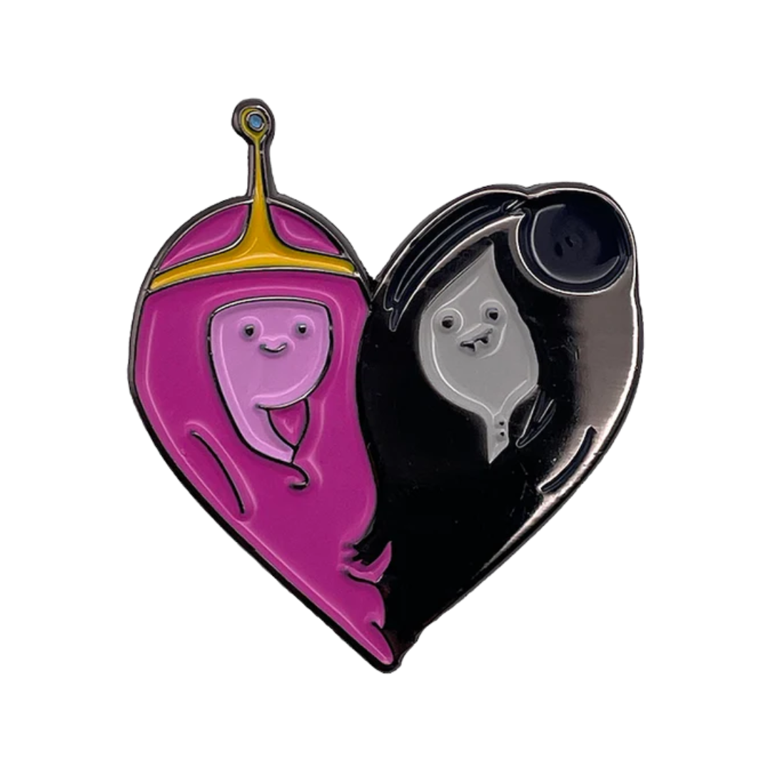 Heart-shaped enamel pin with pink and black characters on a white background