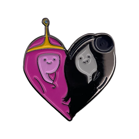 Heart-shaped enamel pin with pink and black characters on a white background
