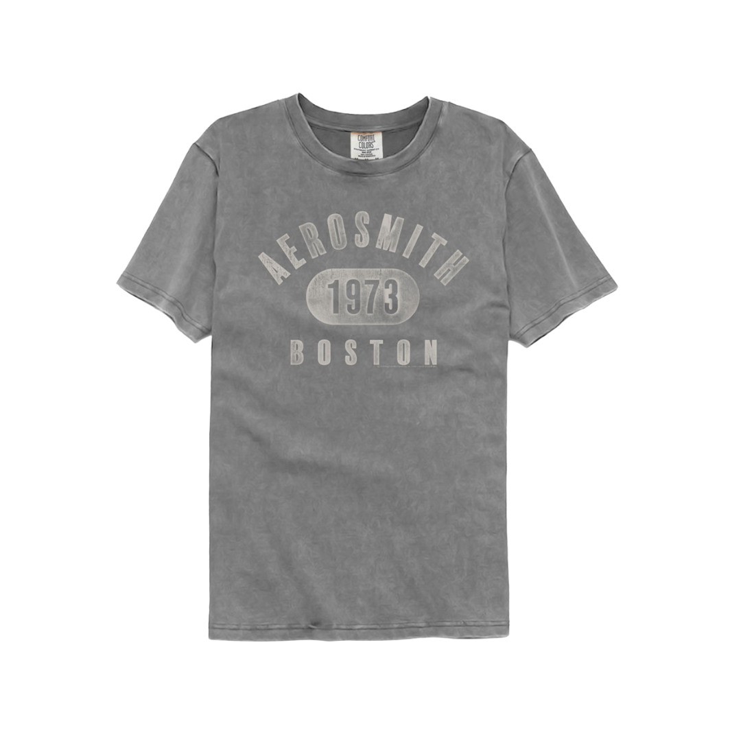 Gray t-shirt with 'Aerosmith 1973 Boston' text 