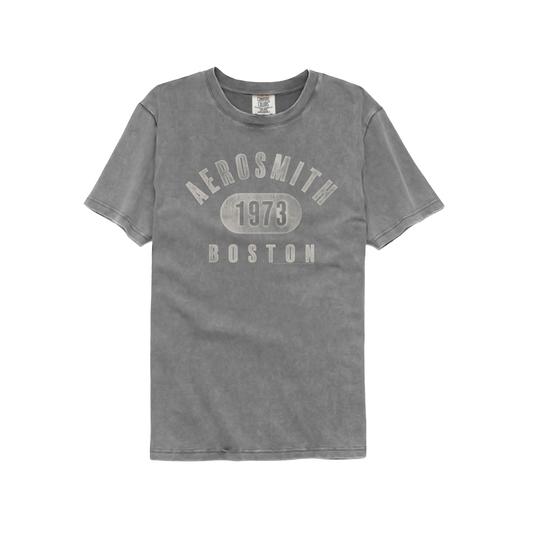 Gray t-shirt with 'Aerosmith 1973 Boston' text 