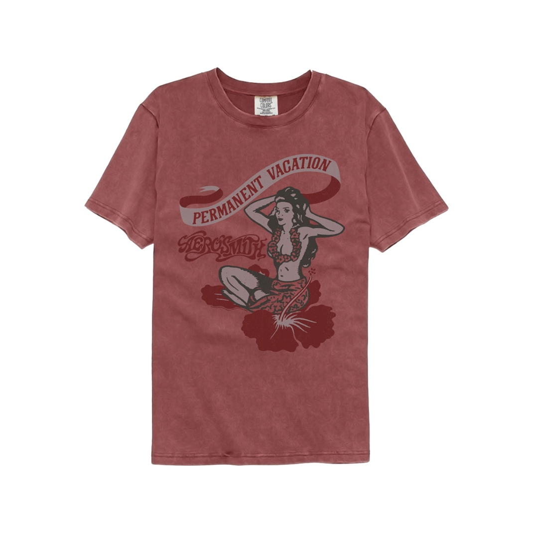 Red t-shirt with graphic design and text 