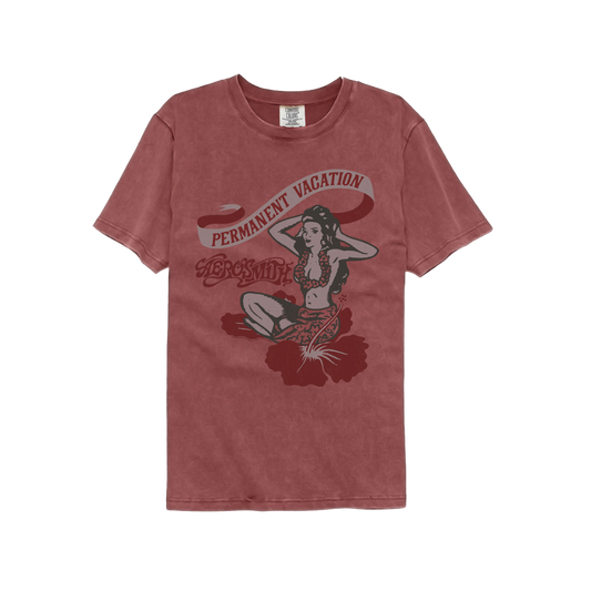 Red t-shirt with graphic design and text 