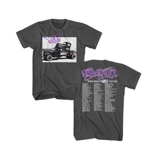 Gray t-shirt with vintage truck graphic and concert tour dates 