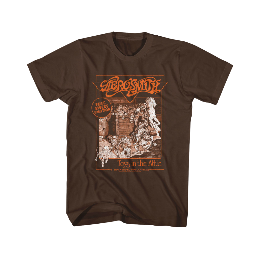 Brown t-shirt with graphic design and text 