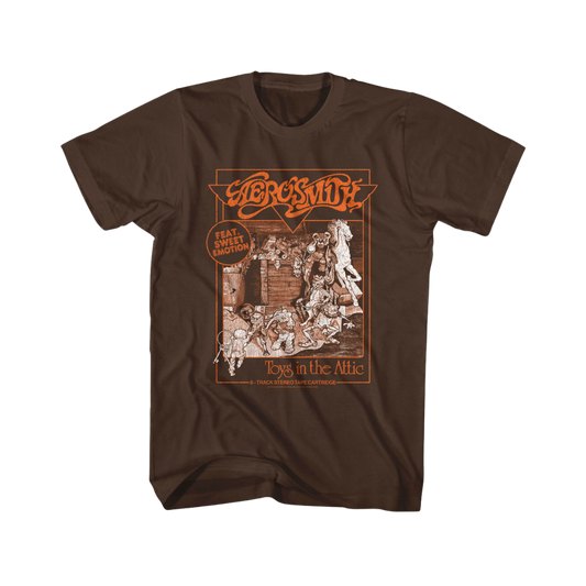 Brown t-shirt with graphic design and text 