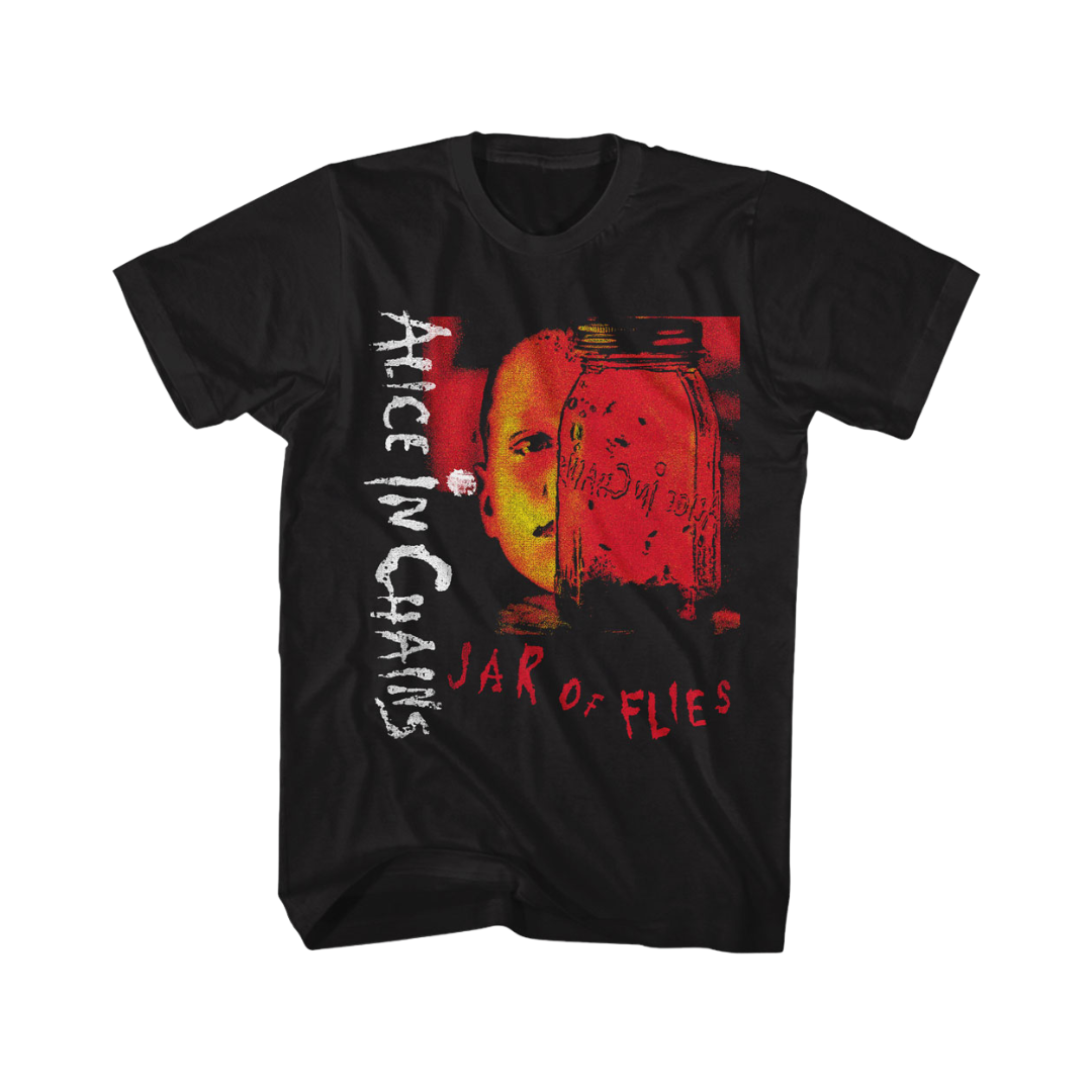 Black t-shirt with 'Alice in Chains' album cover design featuring a jar and face.