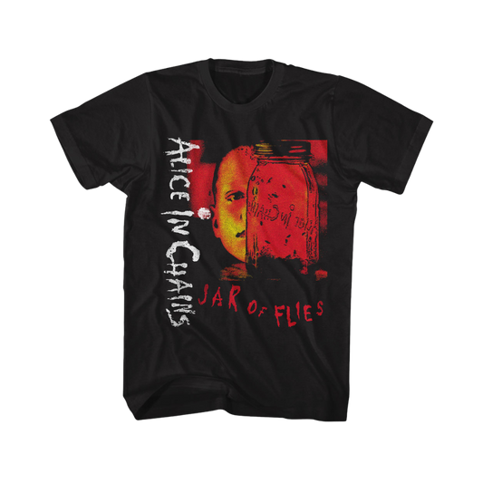 Black t-shirt with 'Alice in Chains' album cover design featuring a jar and face.