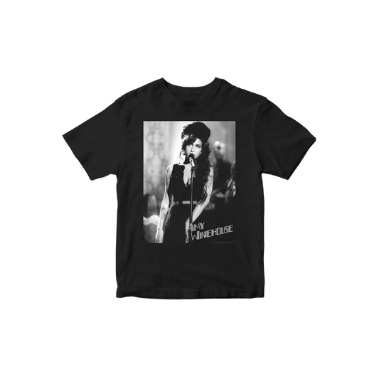 Black t-shirt with a graphic of Amy Winehouse on a white background