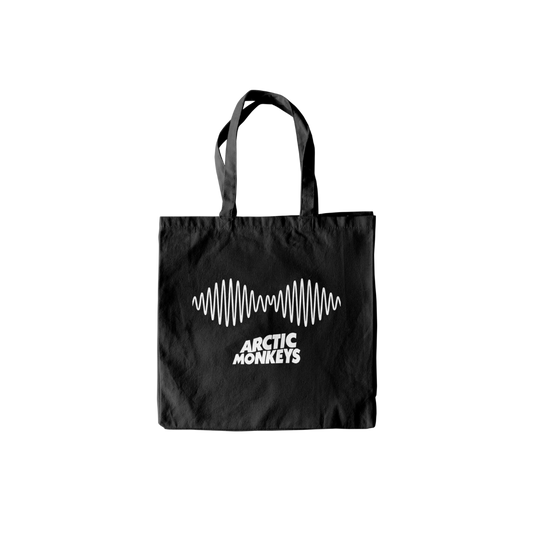 Black tote bag with Arctic Monkeys logo on a white background