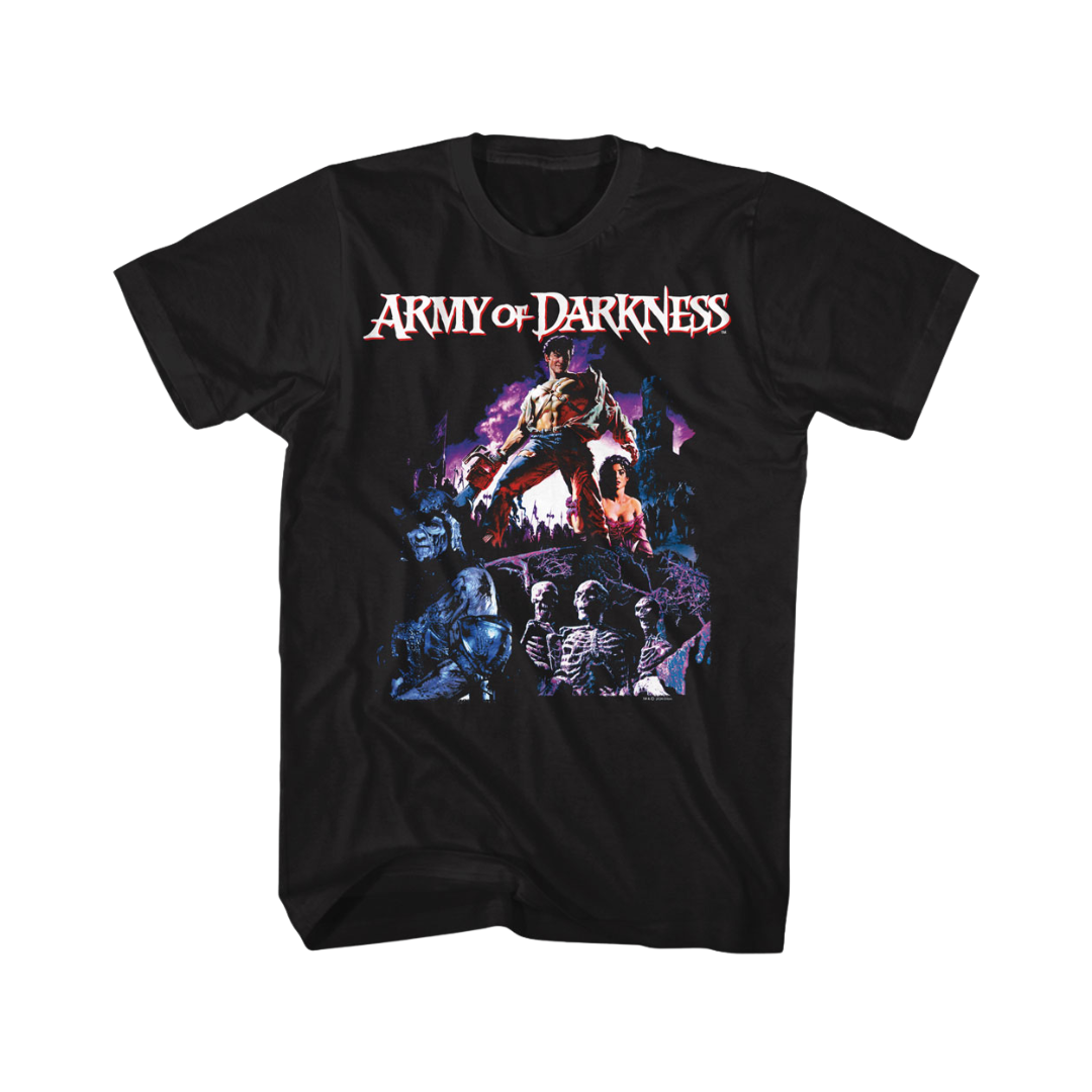 Black t-shirt with 'Army of Darkness' graphic design on a white background