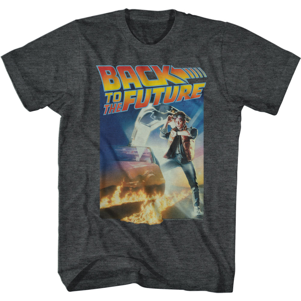 Gray t-shirt with 'Back to the Future' movie poster design featuring a character and DeLorean car.