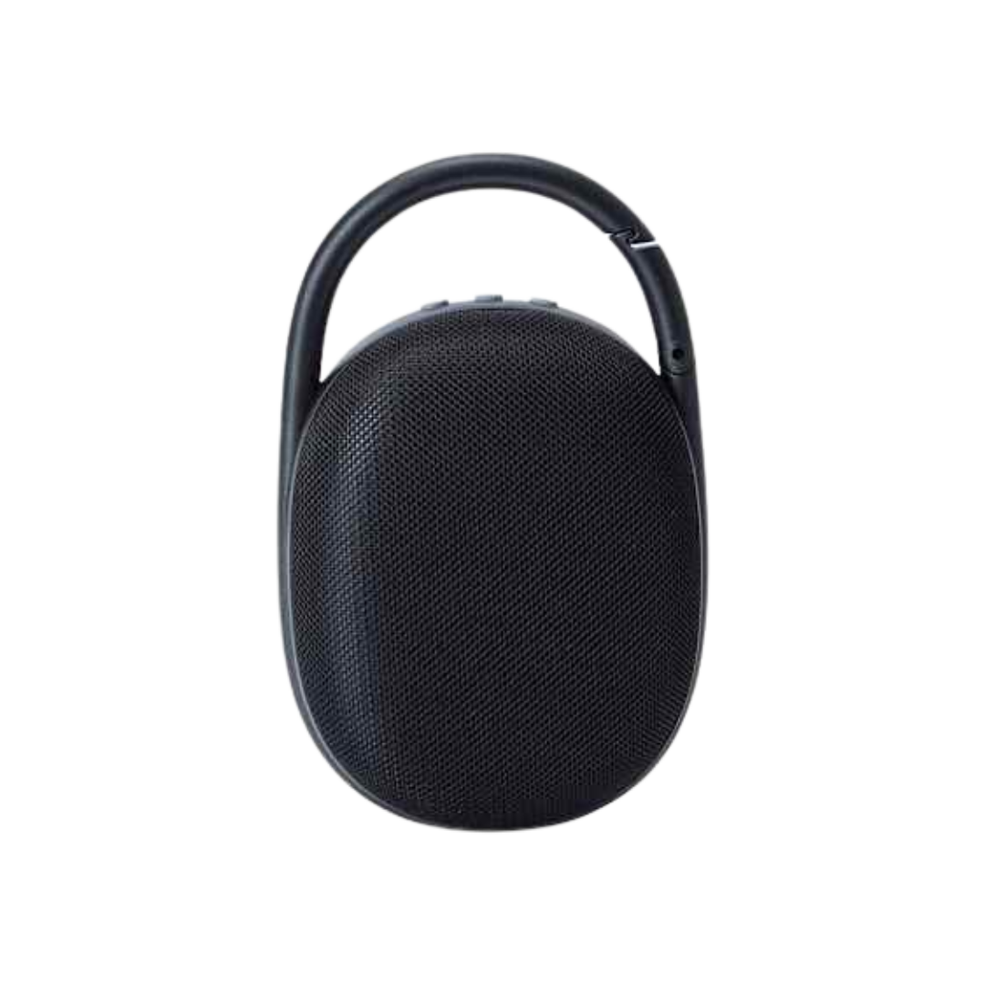 Black portable speaker on a white background