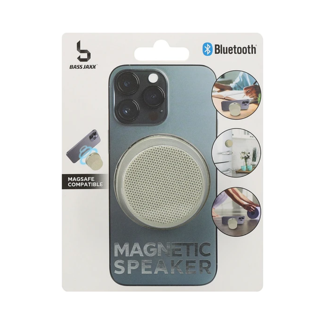Packaging of a magnetic speaker with Bluetooth and Magsafe compatibility on a white background.