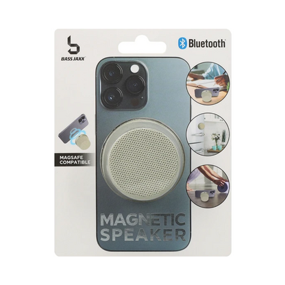 Packaging of a magnetic speaker with Bluetooth and Magsafe compatibility on a white background.