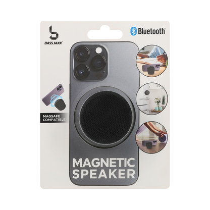 Packaging of a magnetic speaker with Bluetooth and Magsafe compatibility on a white background.