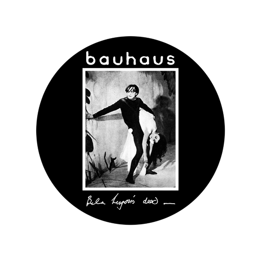 Album cover for 'Bela Lugosi's Dead' by Bauhaus with a black circle border.