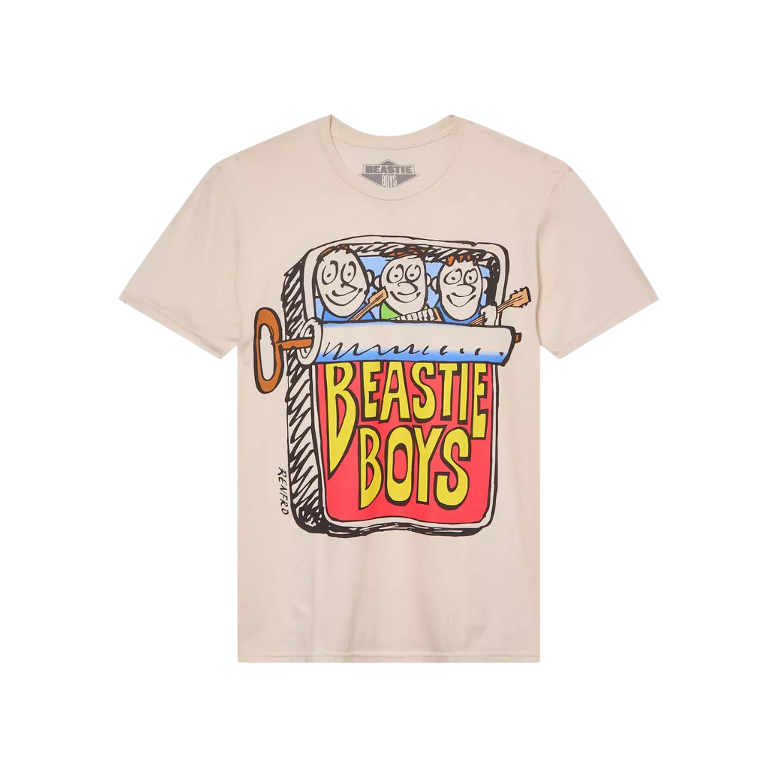 Beige t-shirt with Beastie Boys graphic on a white background
