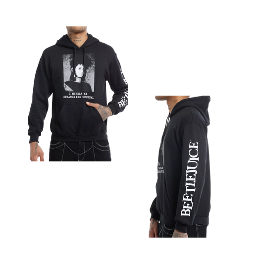 Black hoodie with graphic design and text worn by a person