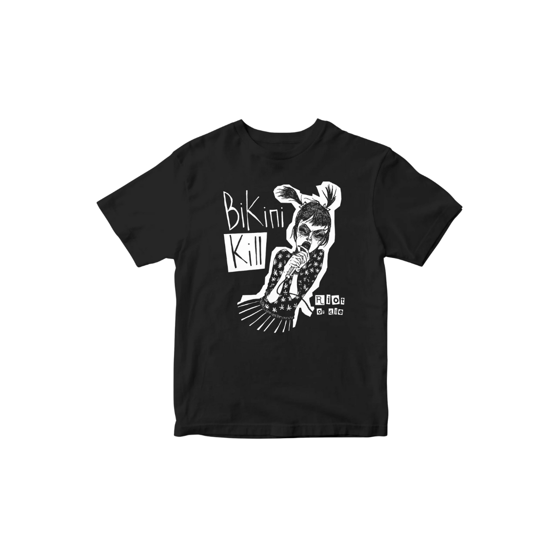 Black t-shirt with a graphic design and text on a white background