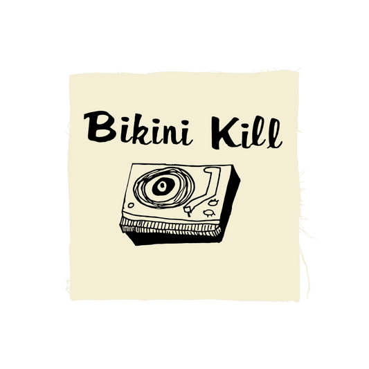 Turntable illustration with 'Bikini Kill' text on a beige background