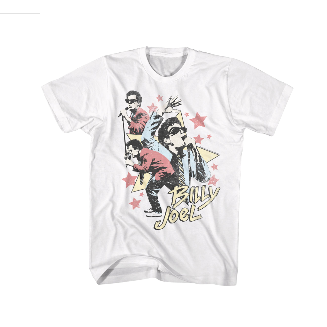 White t-shirt with a graphic design of a person and 'Billy Joel' text