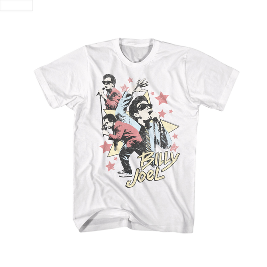 White t-shirt with a graphic design of a person and 'Billy Joel' text 