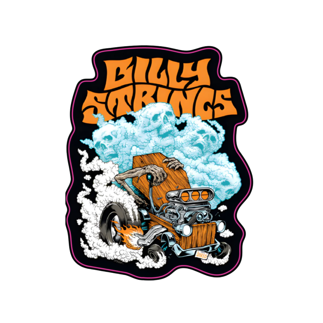 Sticker with a hot rod and 'Billy Strings' text on a white background