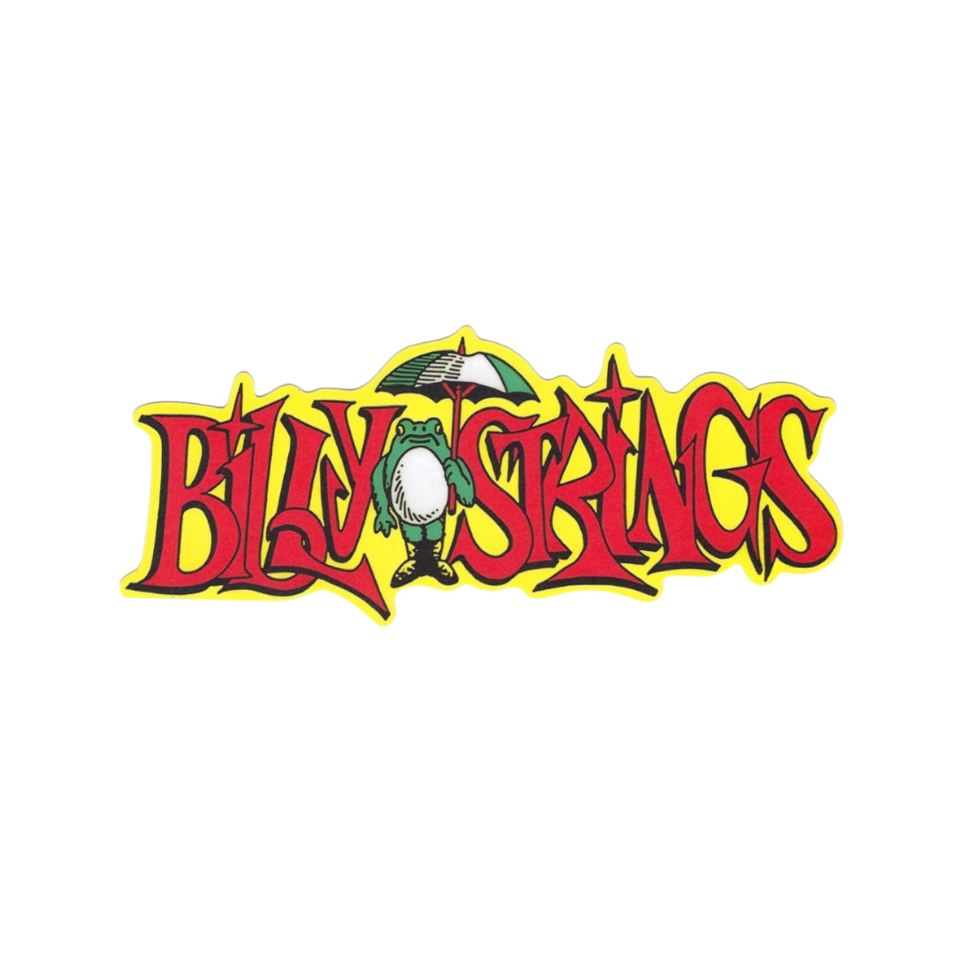 Colorful logo of 'Billy Strings' with a guitar graphic on a white background