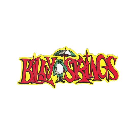 Colorful logo of 'Billy Strings' with a guitar graphic on a white background