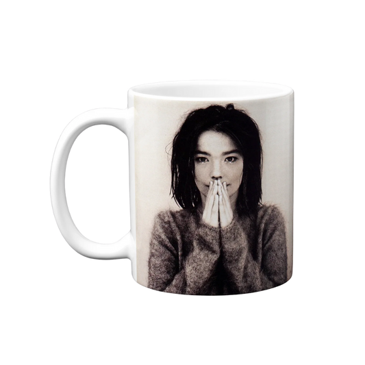 Mug with a black and white photo of a person on a white background