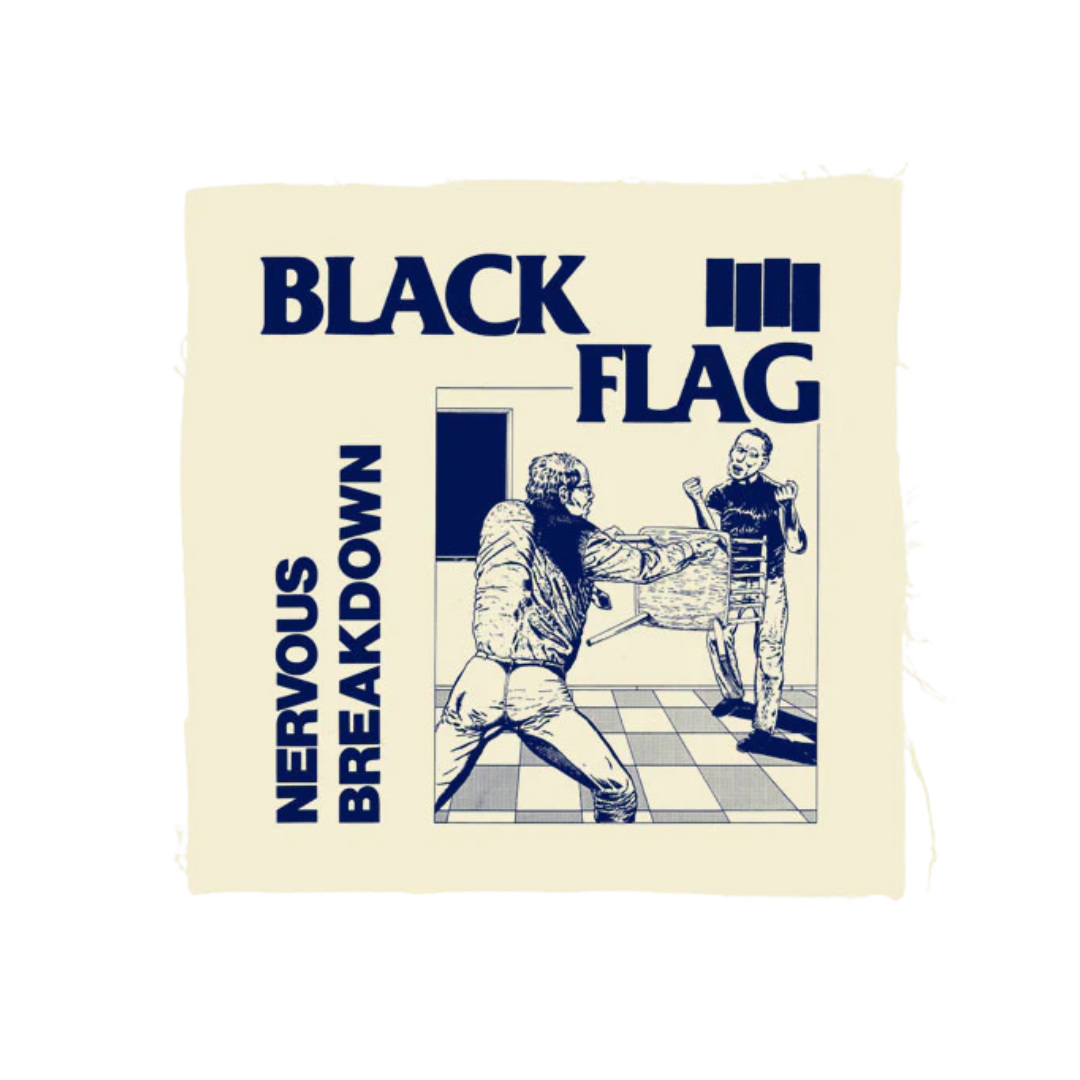 Album cover for 'Nervous Breakdown' by Black Flag with two figures on a checkered floor.