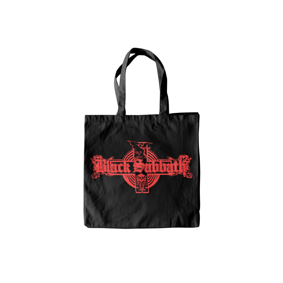 Black tote bag with red 'Black Sabbath' logo on a white background