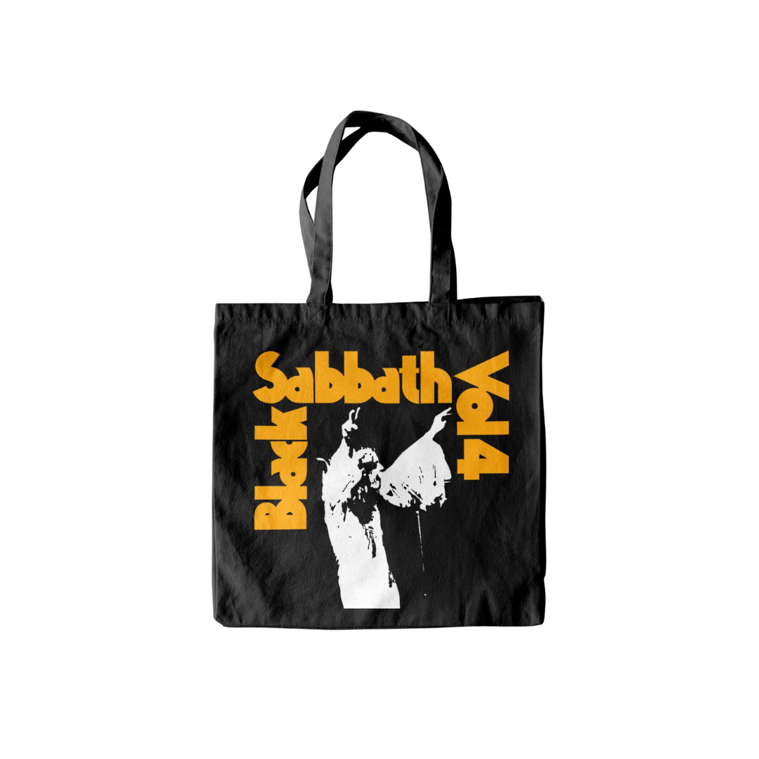 Black tote bag with 'Black Sabbath Vol. 4' design on a white background