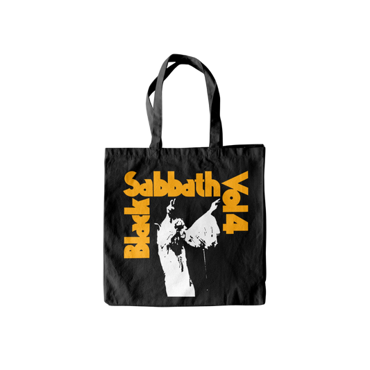 Black tote bag with 'Black Sabbath Vol. 4' design on a white background