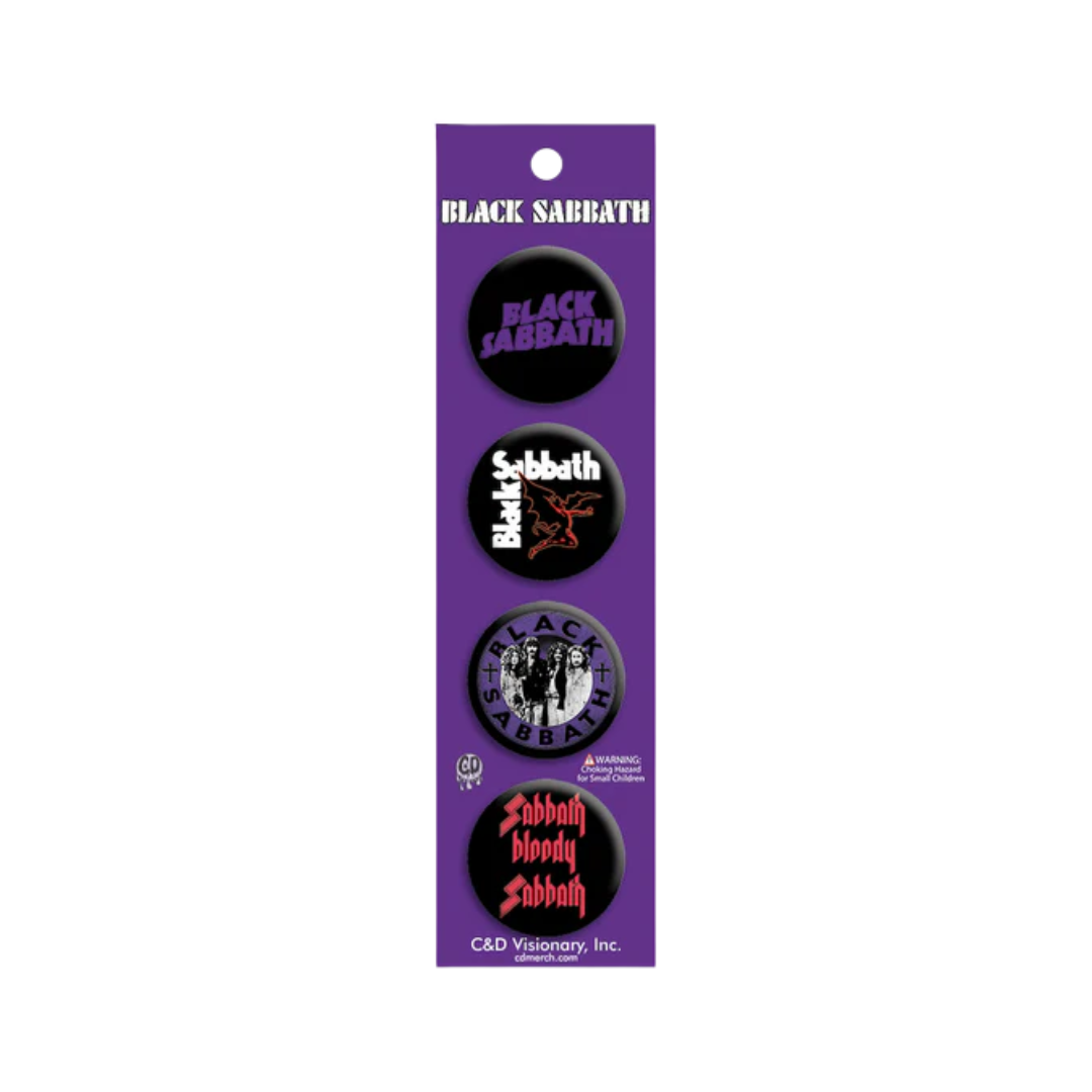 Pack of Black Sabbath buttons with four different designs on a purple card.
