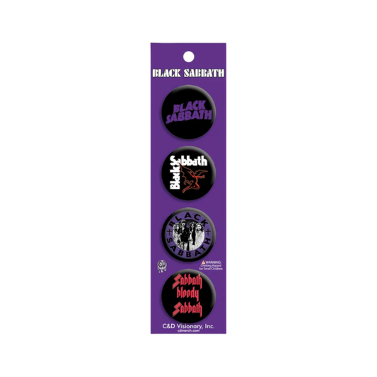 Pack of Black Sabbath buttons with four different designs on a purple card.
