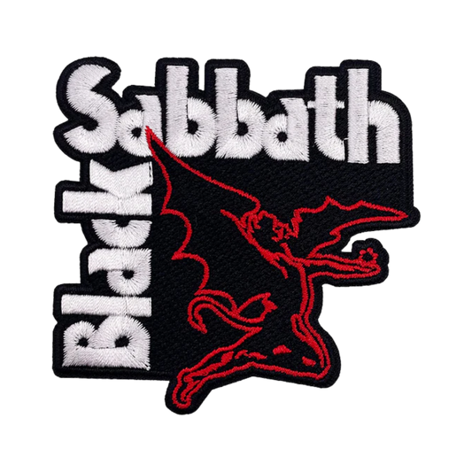 Black Sabbath logo patch with red dragon on a white background