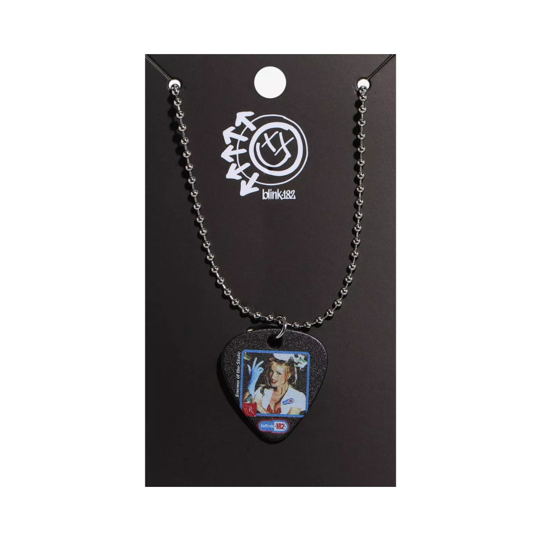 Guitar pick necklace with a pendant on a black card featuring a logo