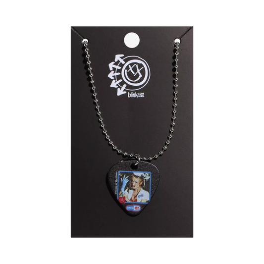 Guitar pick necklace with a pendant on a black card featuring a logo