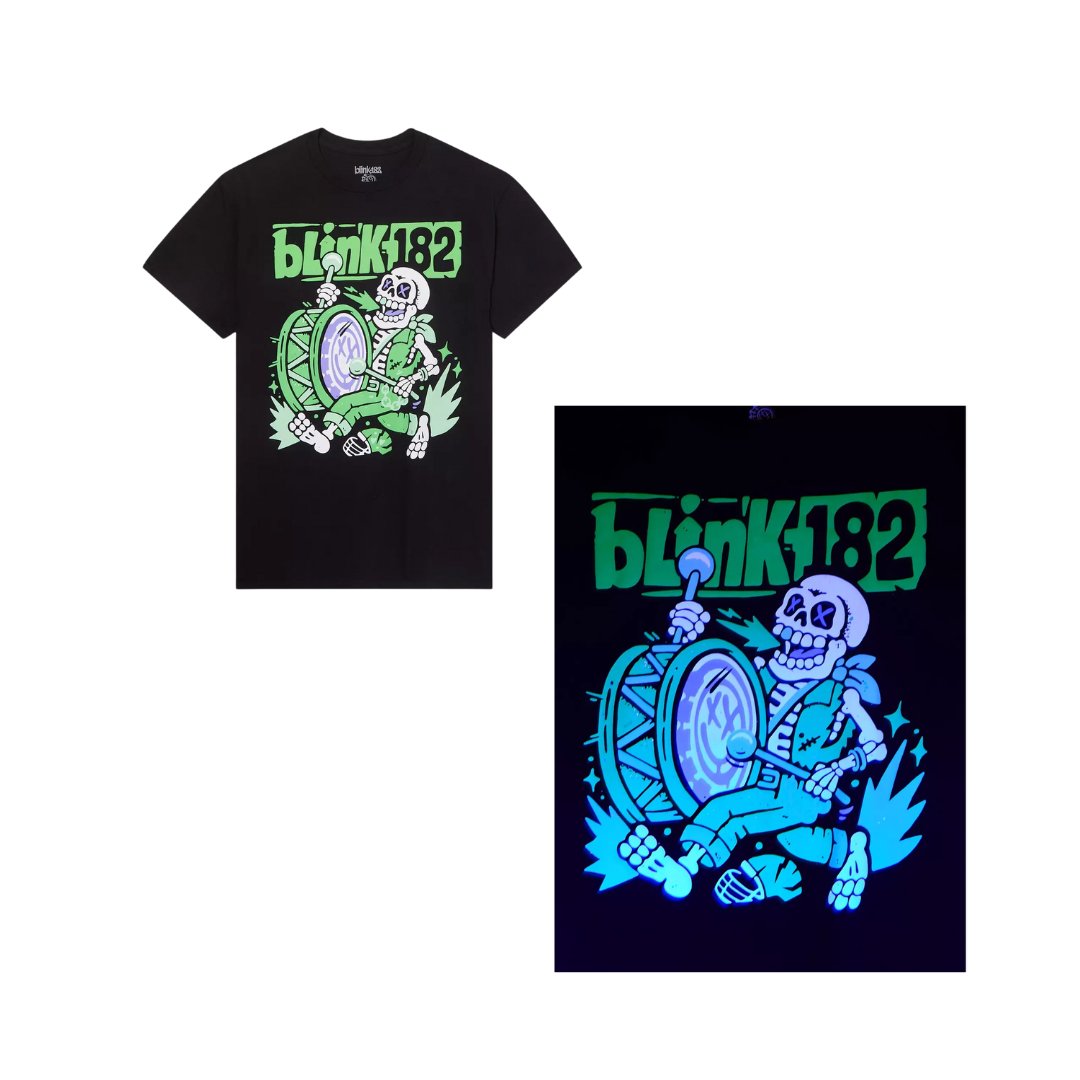 Black t-shirt with 'blink182' graphic design on a white background