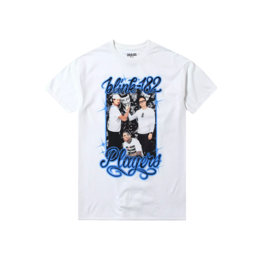 White t-shirt with a graphic of a band and text on a white background