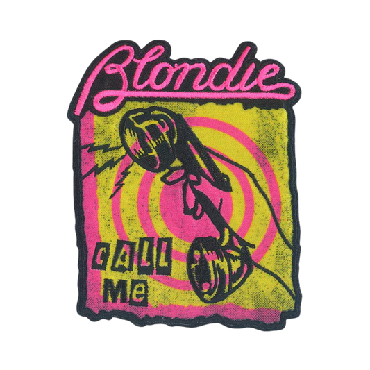 Patch with 'Blondie Call Me' design on a yellow background