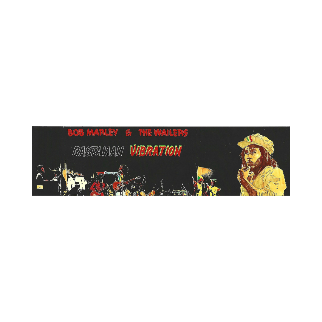 Album cover of 'Rastaman Vibration' by Bob Marley & The Wailers with a black background and colorful text and images.