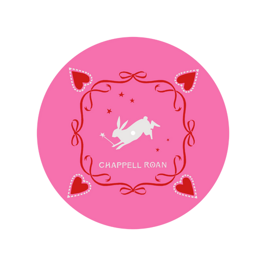 Circular logo with decorative frame and silhouette of a person on a pink background, featuring the brand 'Chappell Roan'.
