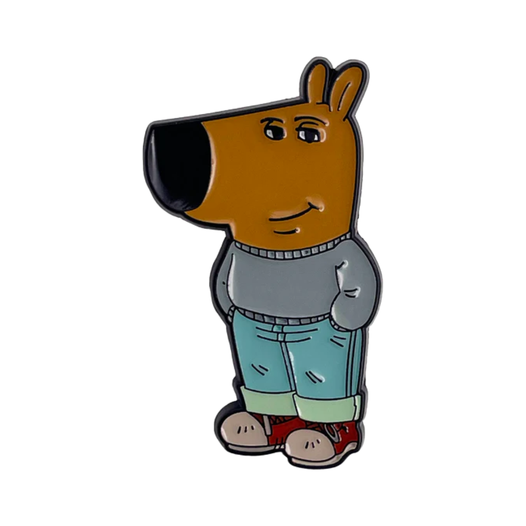 Cartoon character wearing a sweater and jeans on a white background