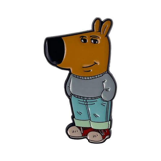 Cartoon character wearing a sweater and jeans on a white background