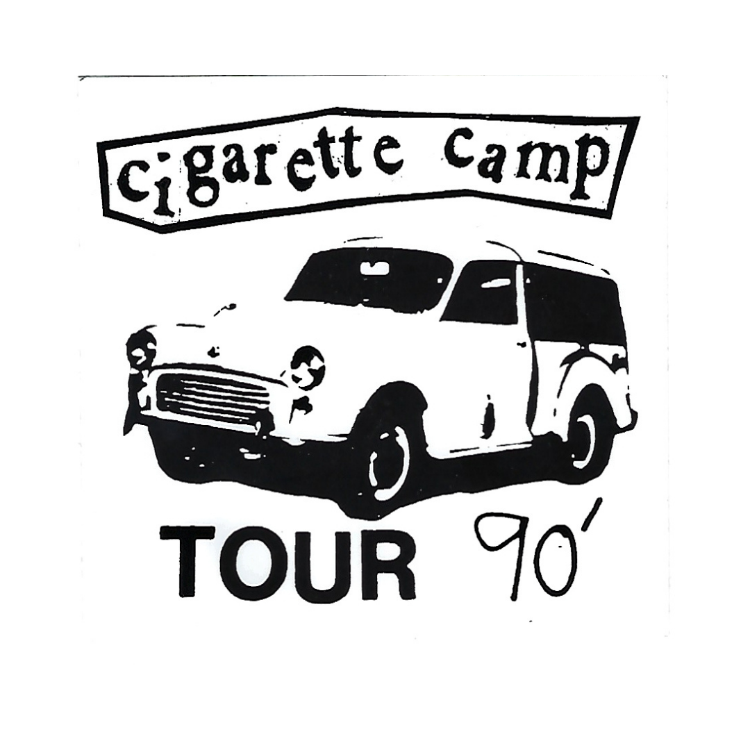 Vintage-style illustration of a van with 'Cigarette Camp Tour 90' text on a white background