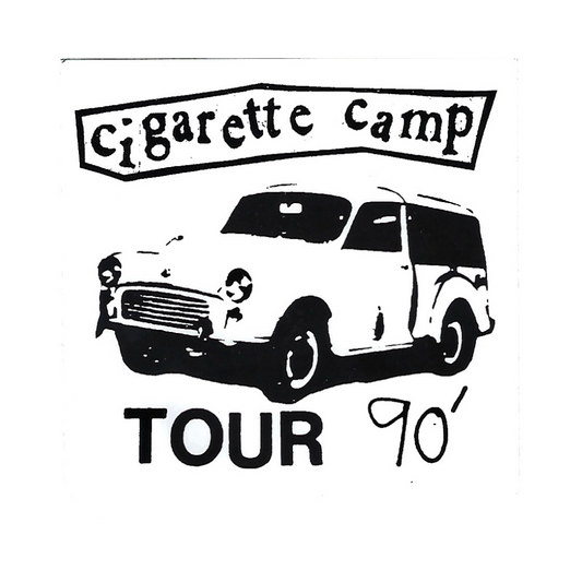 Vintage-style illustration of a van with 'Cigarette Camp Tour 90' text on a white background