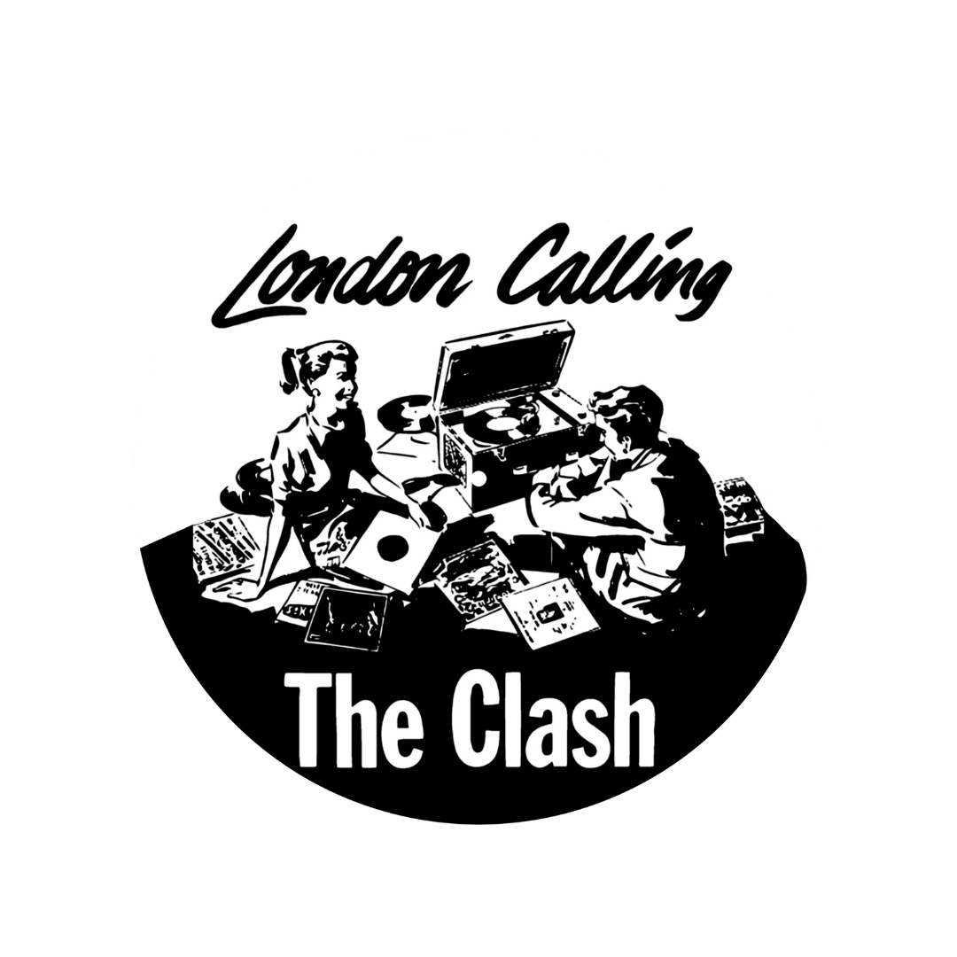 Album cover for 'London Calling' by The Clash with black and white illustration of people around a record player.